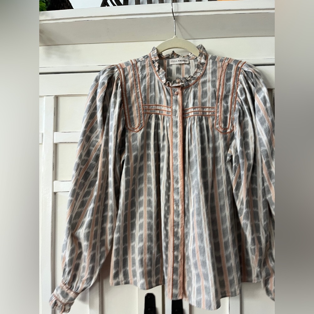 Ulla Johnson Abigail Top Gray Peach Stripe Ruffle Collar Long Sleeves Size 4